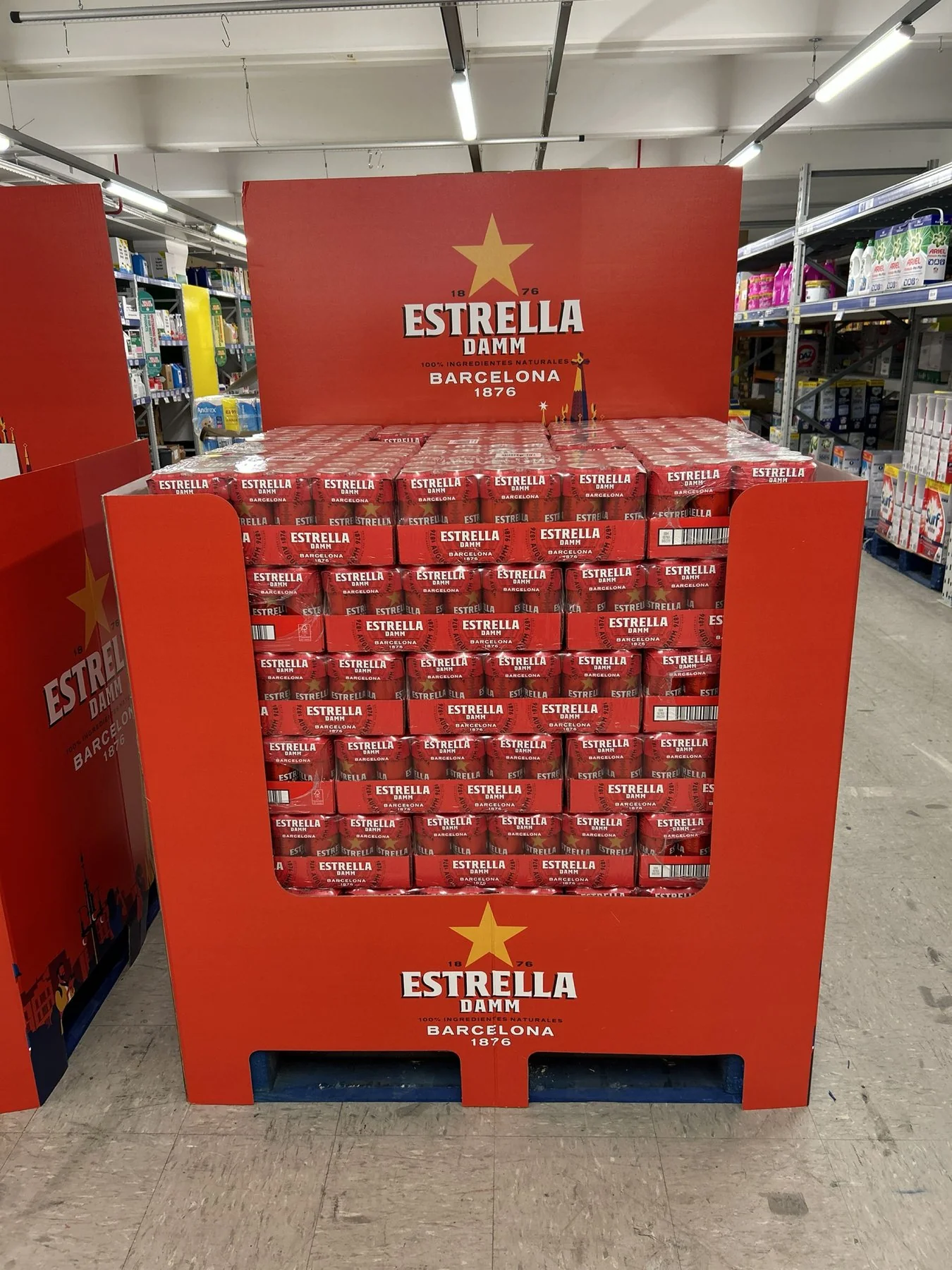 Estrella Damm pallet display merchandised in store